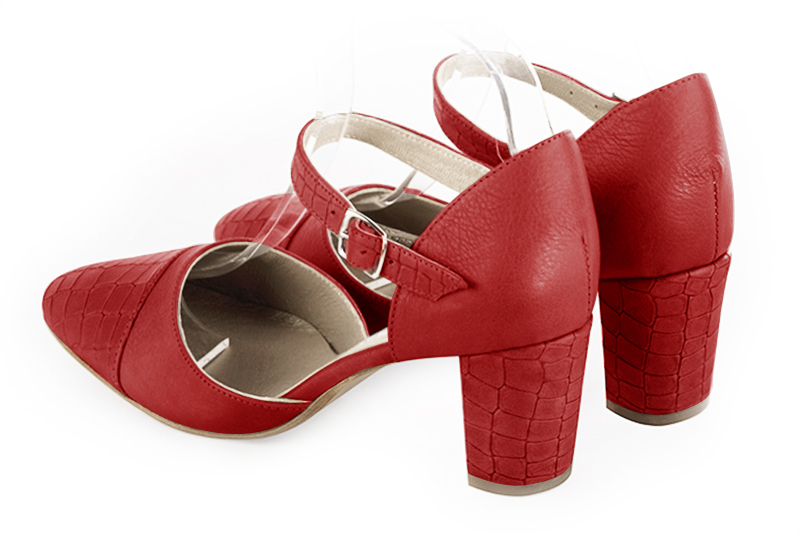 Scarlet red women's open side shoes, with an instep strap. Round toe. Medium block heels. Rear view - Florence KOOIJMAN